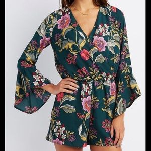 Charlotte Russe green floral romper bell sleeve XS